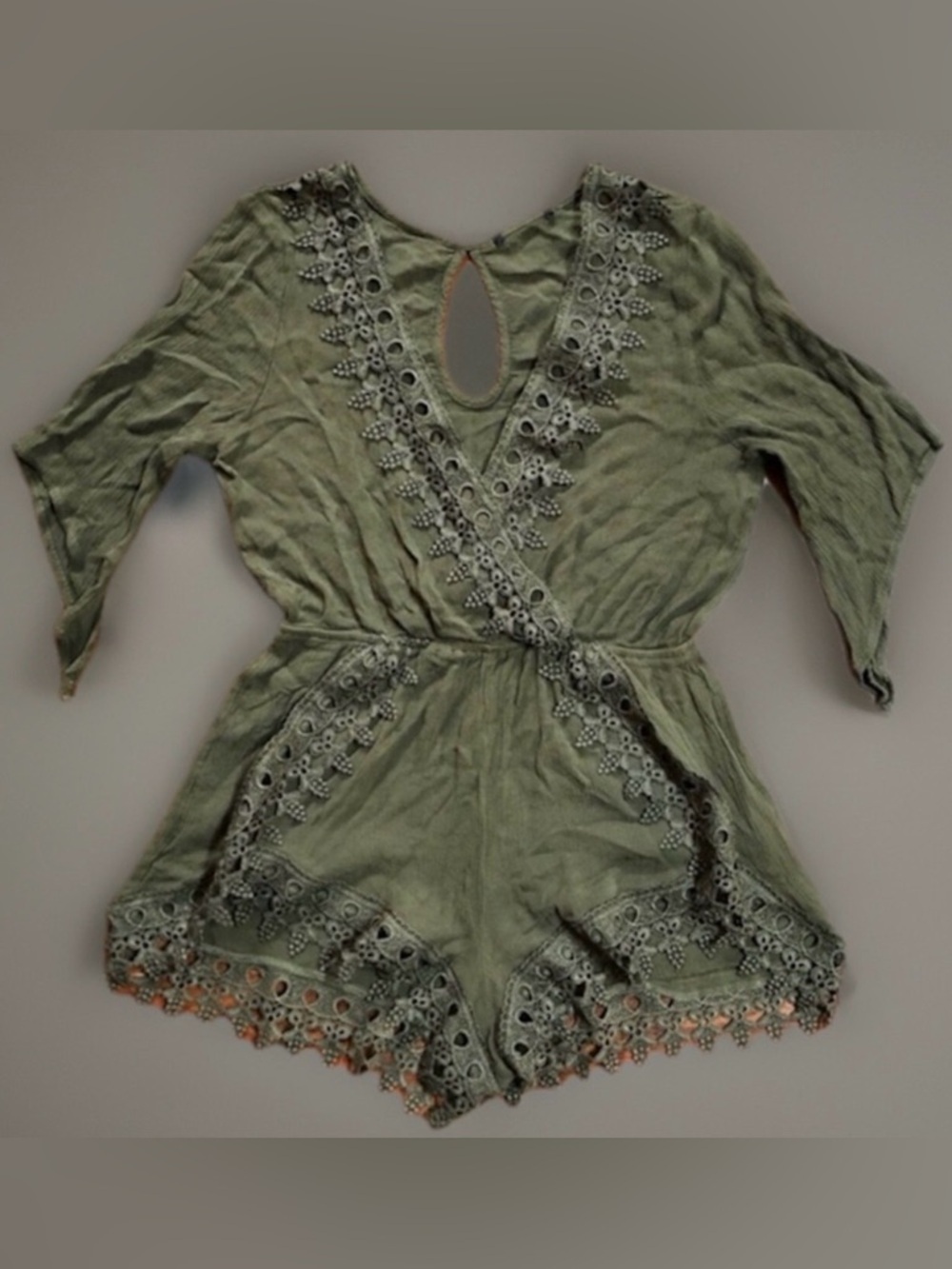 Green Embroidered Eyelet Shorts Jumpsuit Romper M